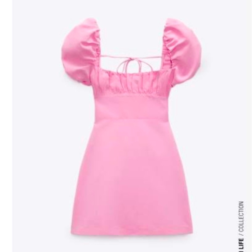 NWT Zara Pink Puff Sleeve Backless Lace Up Cottagecore Mini Dress